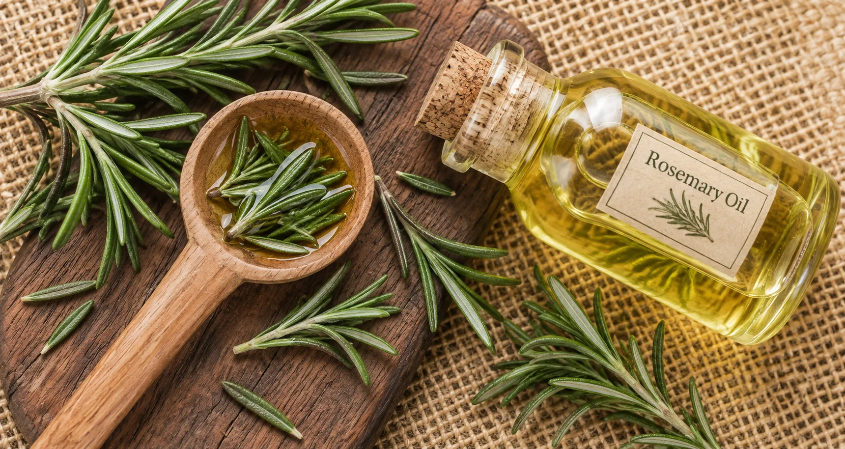 Glass bottle of rosemary oil with a cork stopper on a wooden board, surrounded by fresh rosemary sprigs and a wooden spoon containing rosemary.